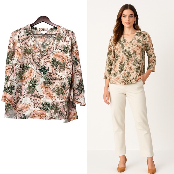 J.Jill Love Linen Palm Print Top‎ M Petite 100% Linen Tropical Vacation Boho - Picture 1 of 8